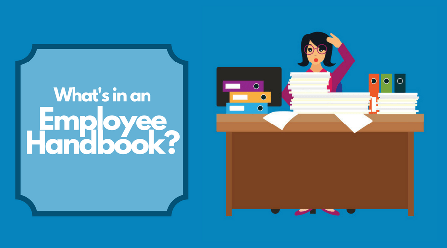 what's in an employee handbook, vector illustration of businesswoman working at desk with a stack of documents