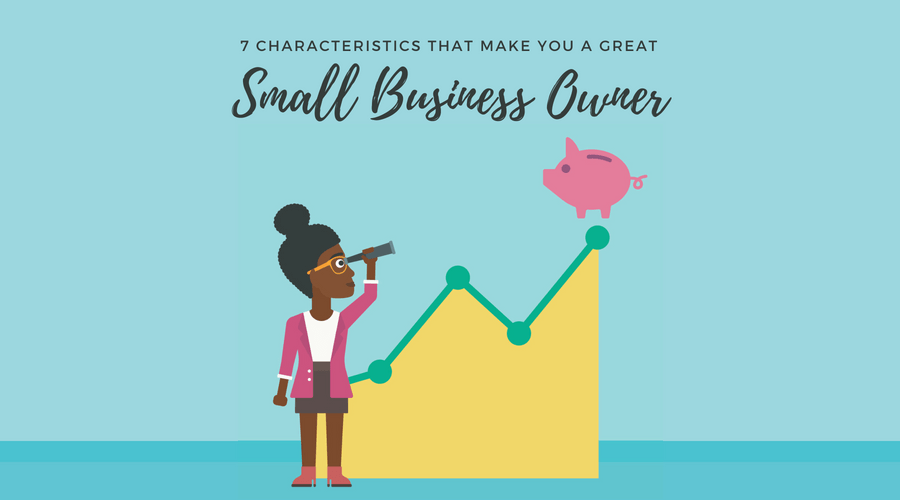 characteristics that make you a great small business owner, vector illustration girl looking through a telescope watching the up trend and piggy bank