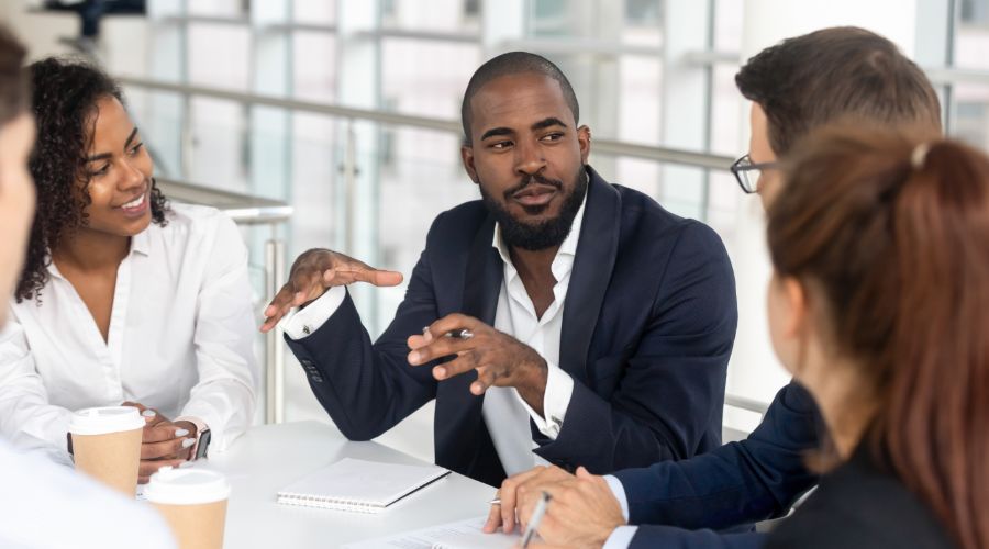 business owner giving presentation to customers