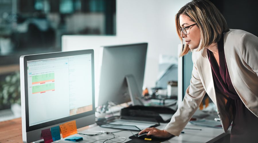 professional woman checking her electronic timesheet on a computer